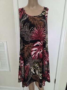 SJS Black Midi Dress with Pink Tropical Leaf Print